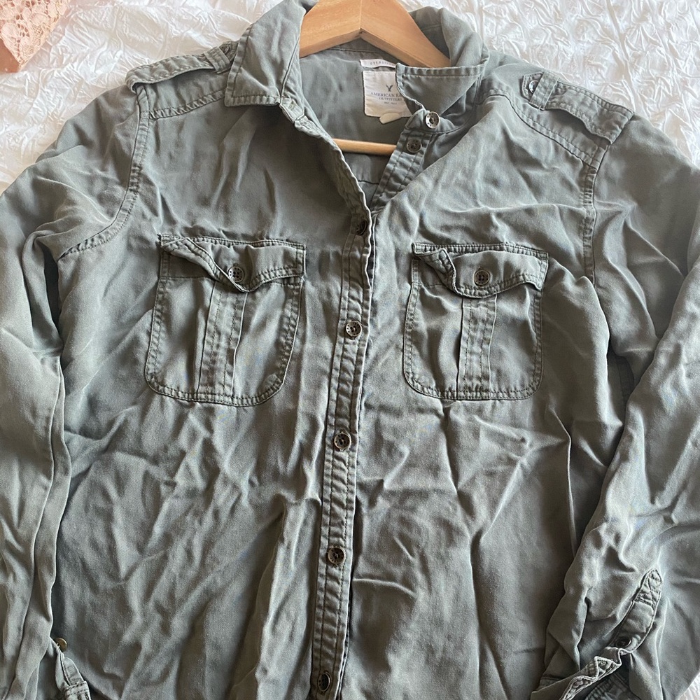 AEO Utility Button-Up with Floral Embroidery